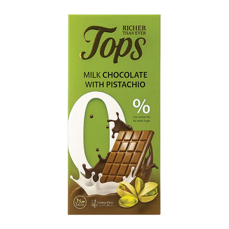 Milk chocolate bar with pistachio and stevia, no added sugar, 50g - TOPS